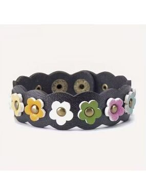 Boho Faux Leather Flower Power Bracelet 1555 (black)